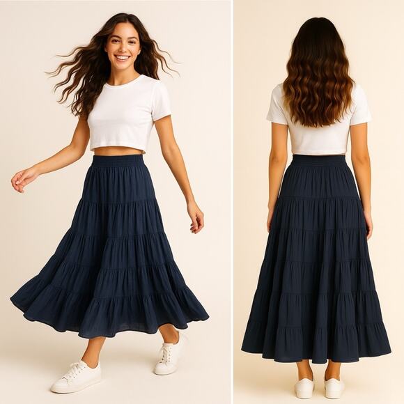 MISA LOS ANGELES Tiered Maxi Peasant Skirt Navy Blue Smocked Pull On XS NEW - Picture 1 of 15